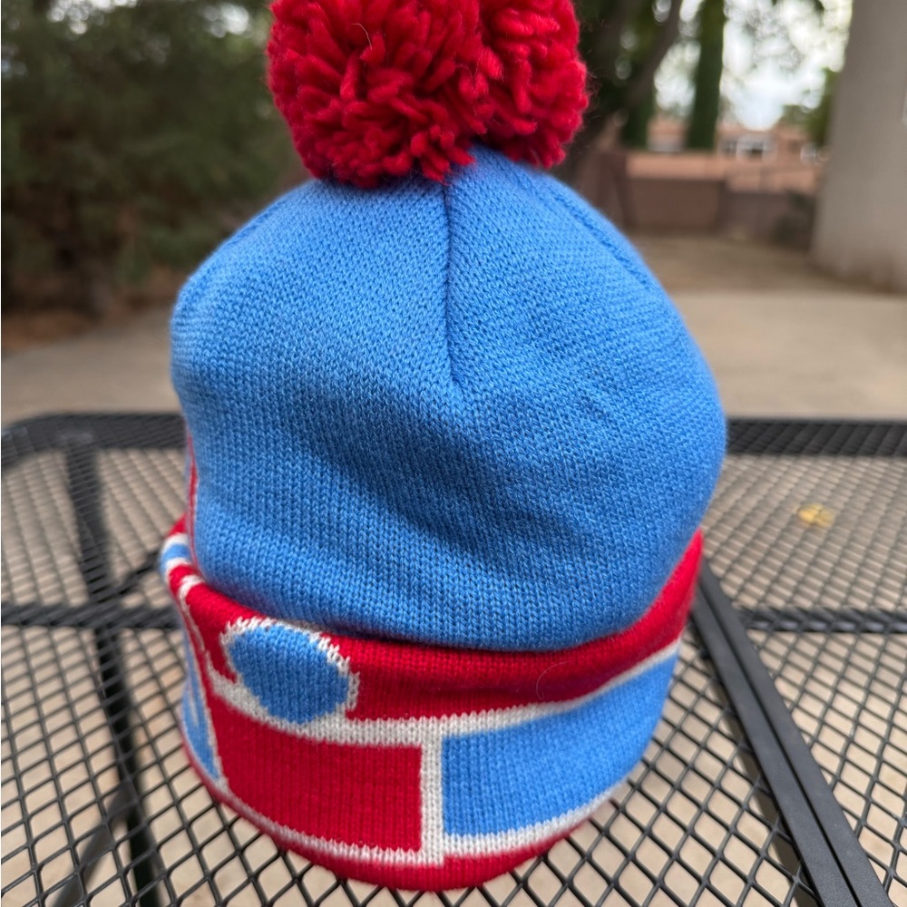 Blue and Red Pom-Pom Beanie - Picture 3 of 4